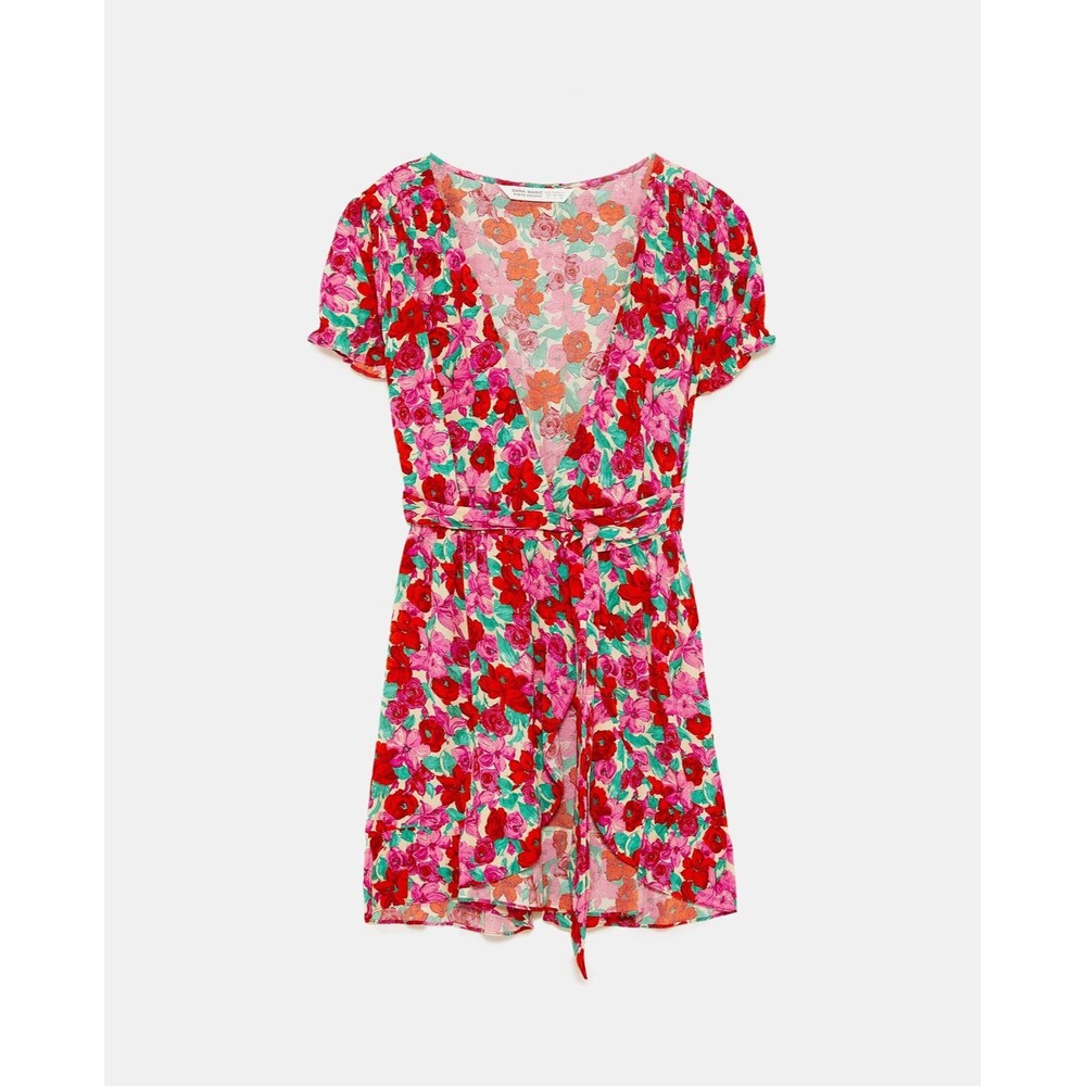Zara Bloggers Favorite All Over Vibrant Ruffle Trim Floral Wrap Mini Dress XS